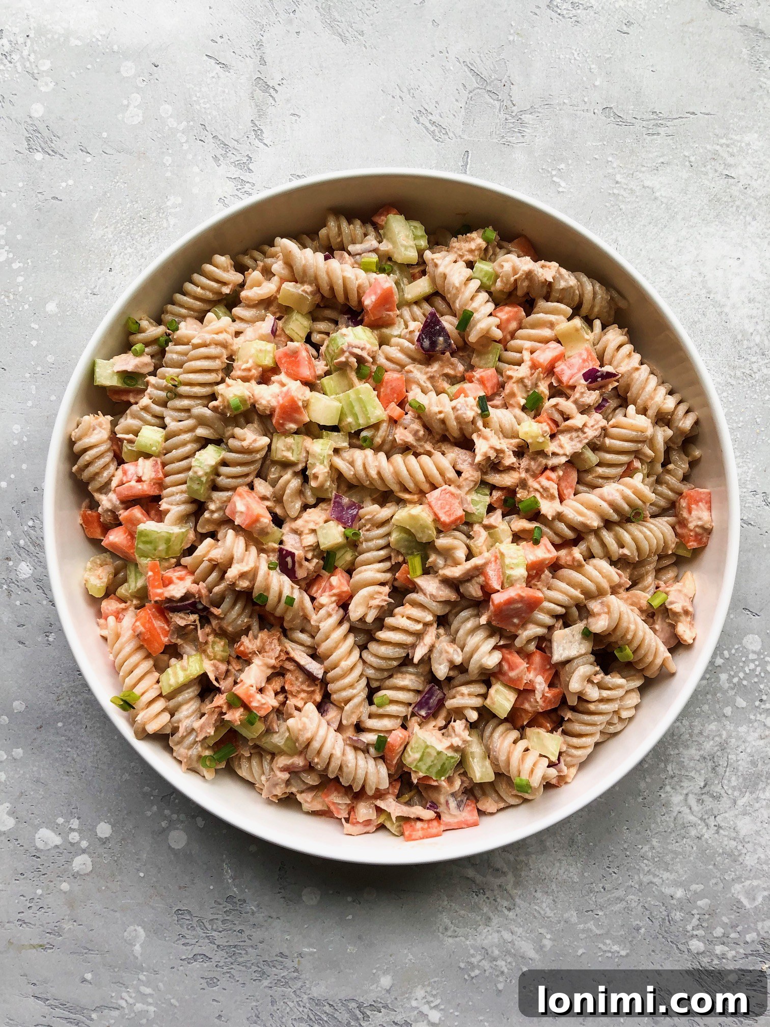 Spicy Buffalo Tuna Pasta Salad (Gluten Free, Dairy Free) 3 Close-up of freshly mixed Buffalo Tuna Pasta Salad with visible vegetables