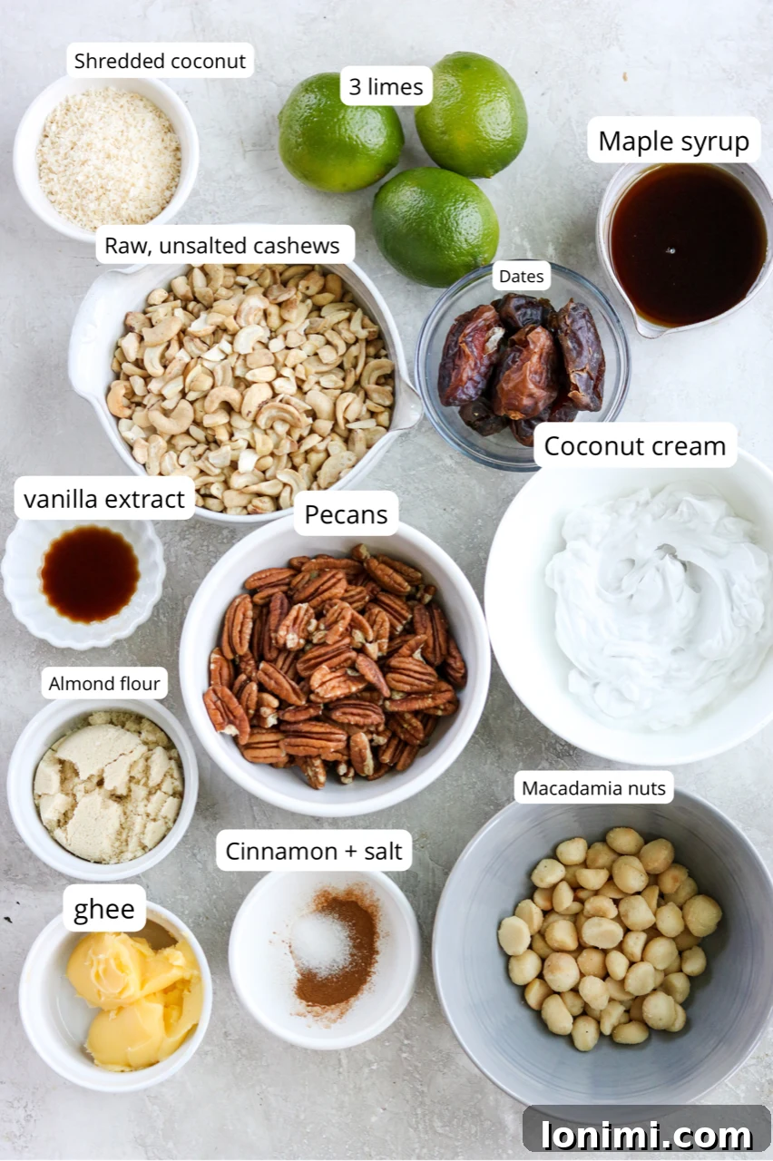 Ingredients for making vegan key lime pie cheesecake bars laid out on a surface.