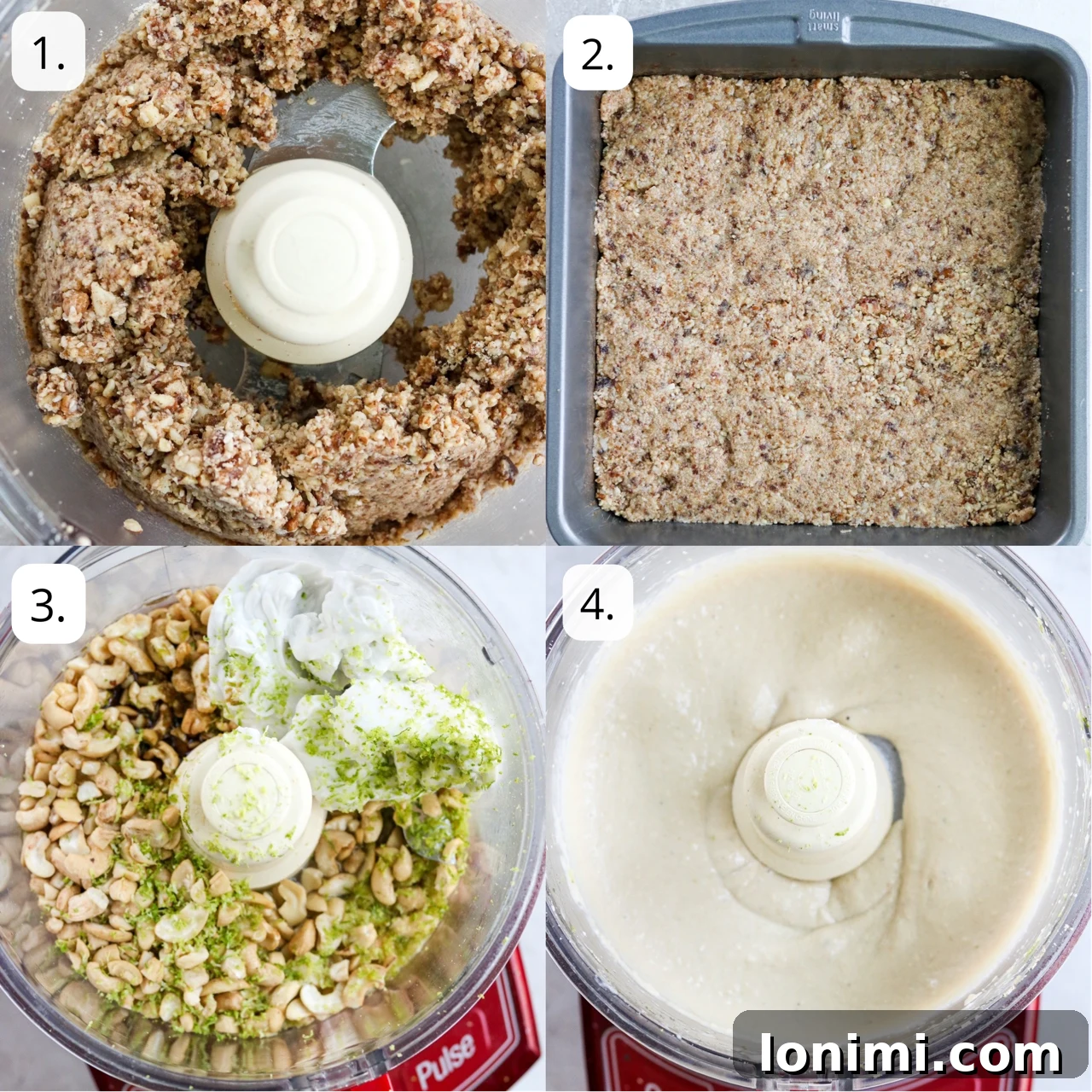 Step-by-step process of making dairy-free key lime cheesecake bars, showing the crust and filling.