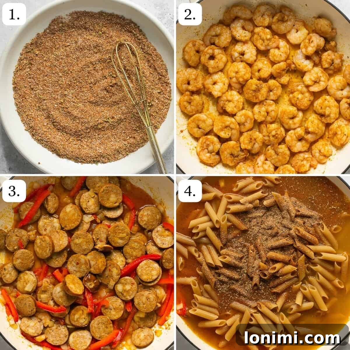 The initial steps of making one-pot cajun pasta with shrimp and sausage on a stovetop