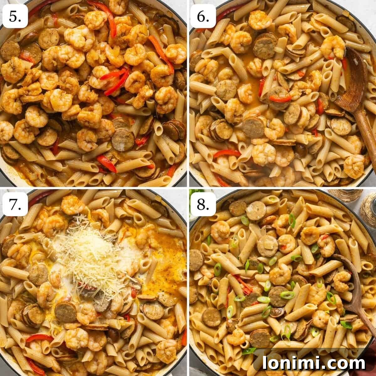 Final steps of making cajun pasta, showing the creamy sauce and garnishes