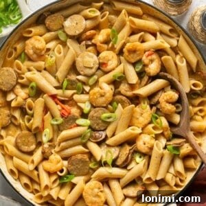 Cajun shrimp and sausage pasta in a skillet topped with green onions