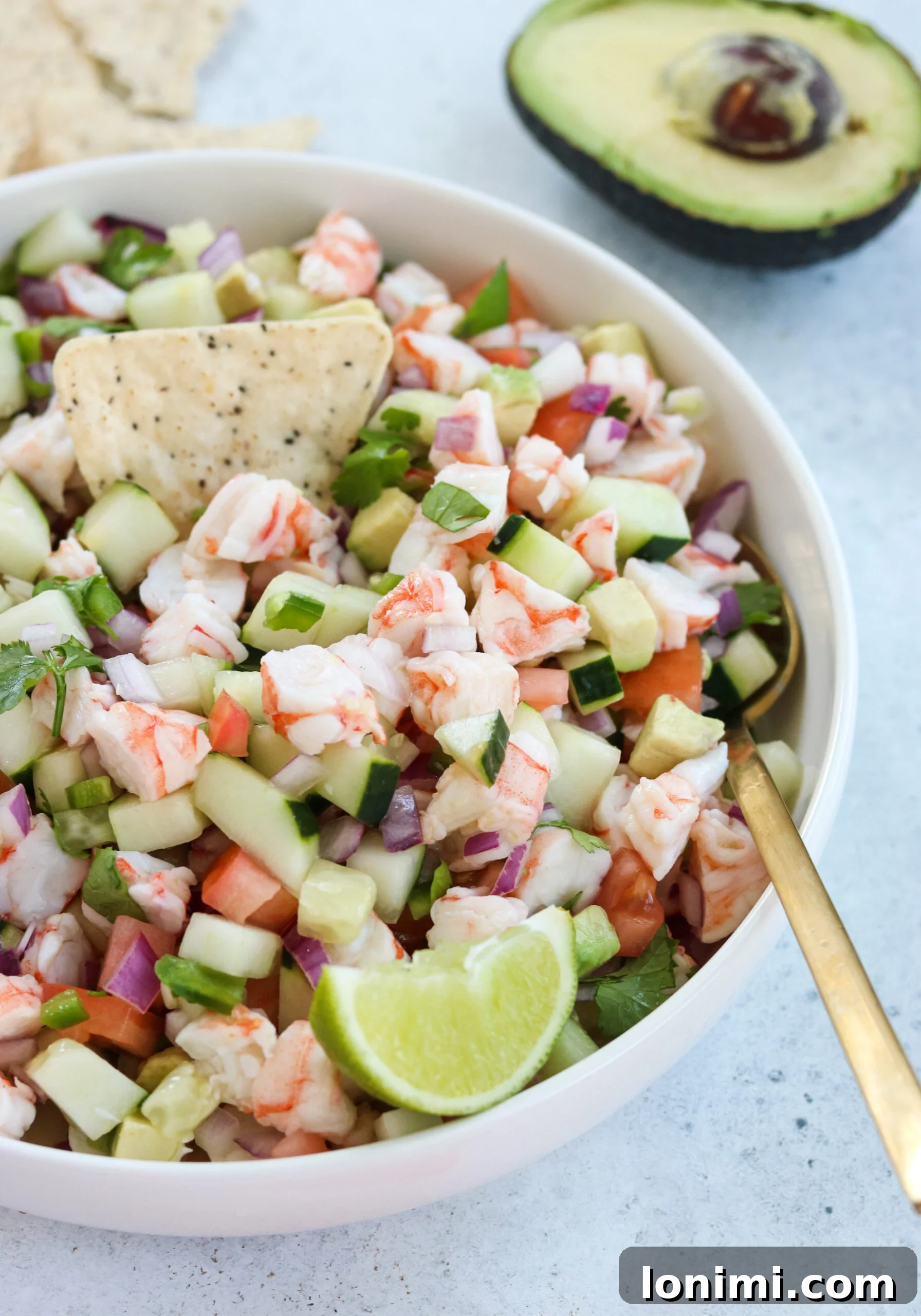Close-up of freshly prepared Easy Shrimp Ceviche, garnished with cilantro.
