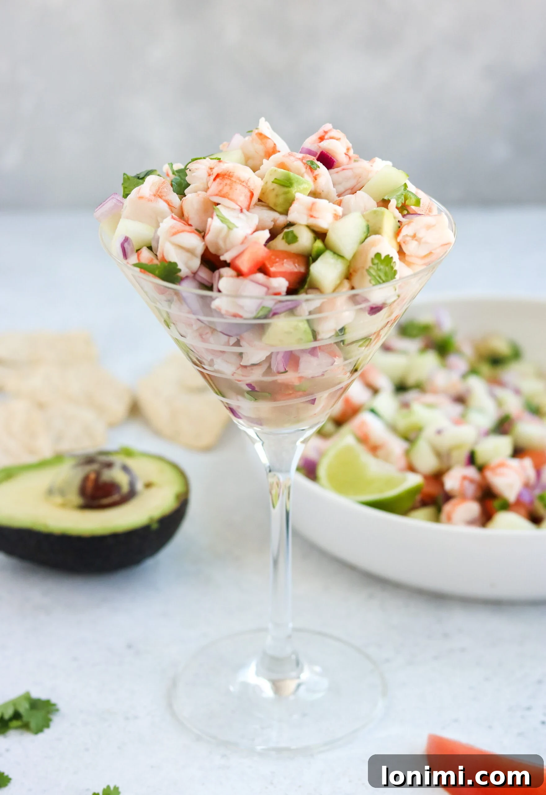 Shrimp Ceviche served in a elegant glass with fresh cilantro.