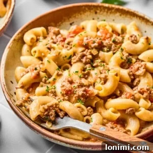 Hearty Gluten-Free Beef and Pasta Skillet Dairy-Free Option 12 A side view of a bowl of gluten-free hamburger helper with a fork.