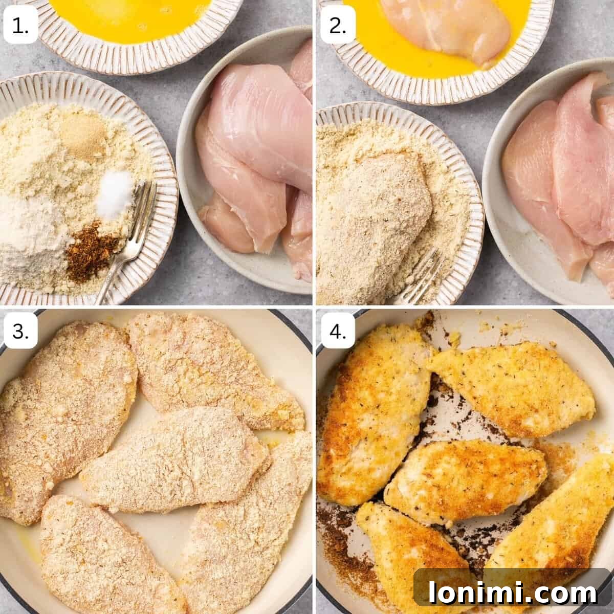 the first four steps for making chicken parmesan on the stove