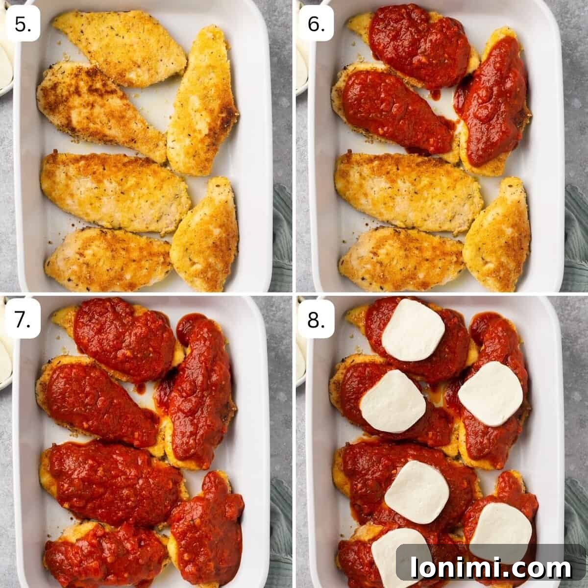 the last 4 steps for making gluten free chicken parmesan