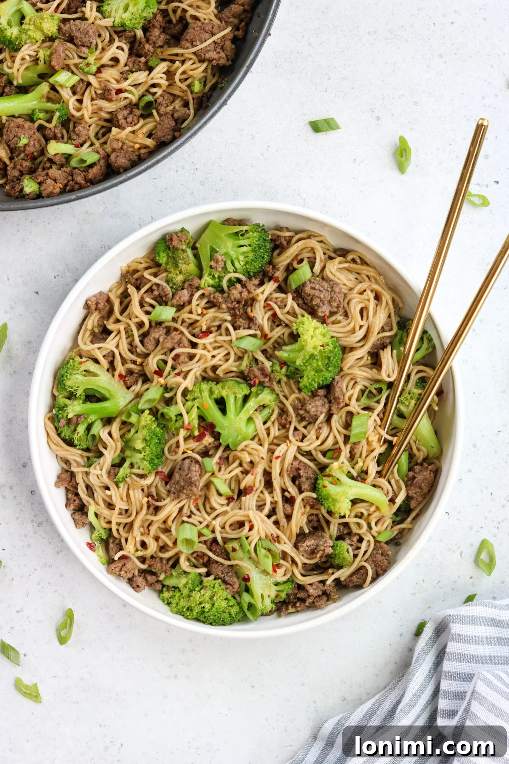 Savory Gluten Free Beef and Broccoli Ramen Stir Fry 3 Close-up of healthy Lotus Foods Rice Ramen noodles.