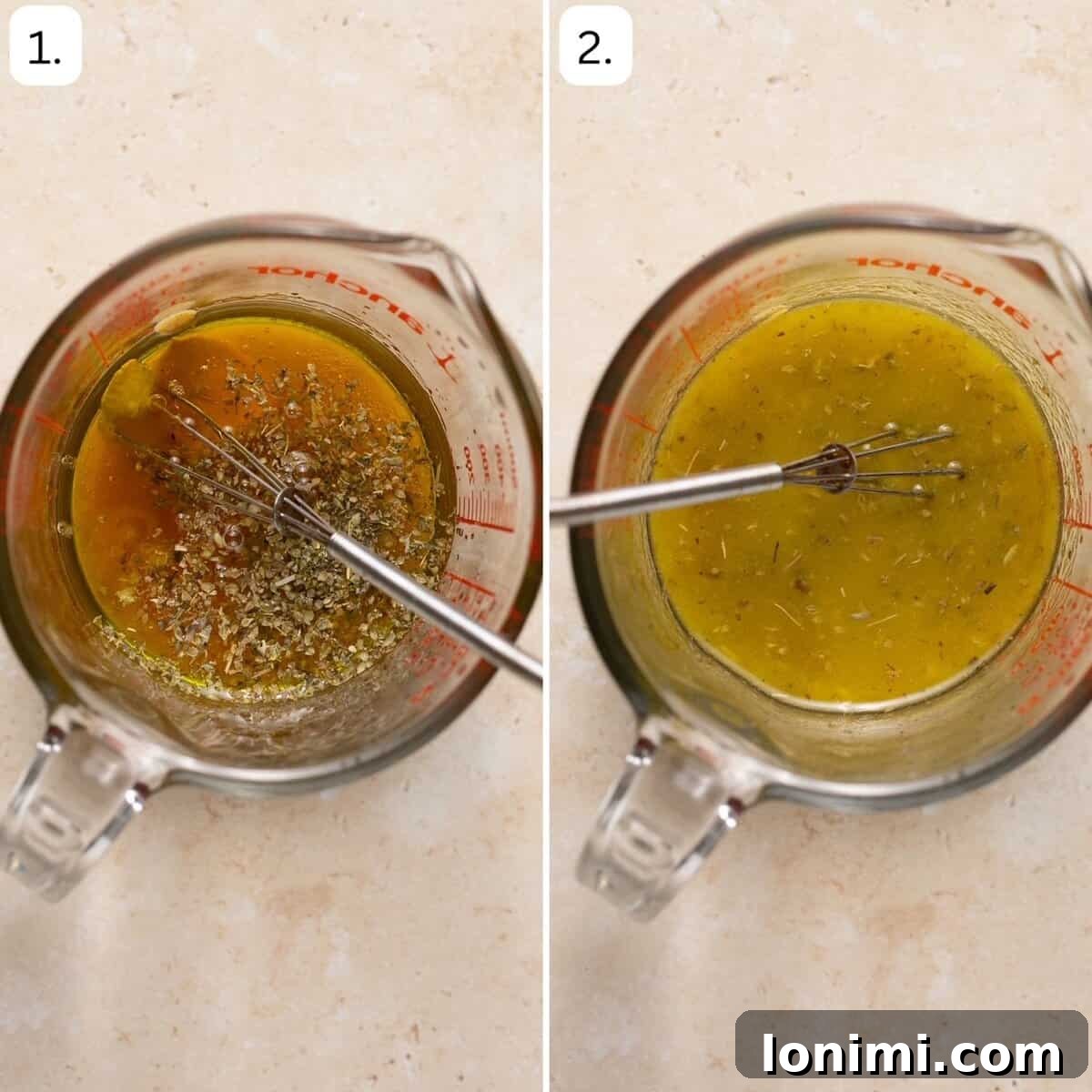 A series of step-by-step photos demonstrating how to prepare the homemade Mediterranean dressing in a bowl.