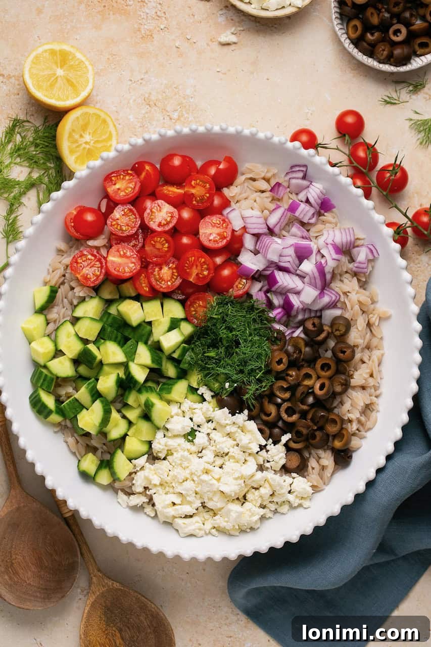 A beautifully composed bowl of gluten-free Mediterranean orzo salad, ready to be served, showing the mix of pasta and colorful vegetables.