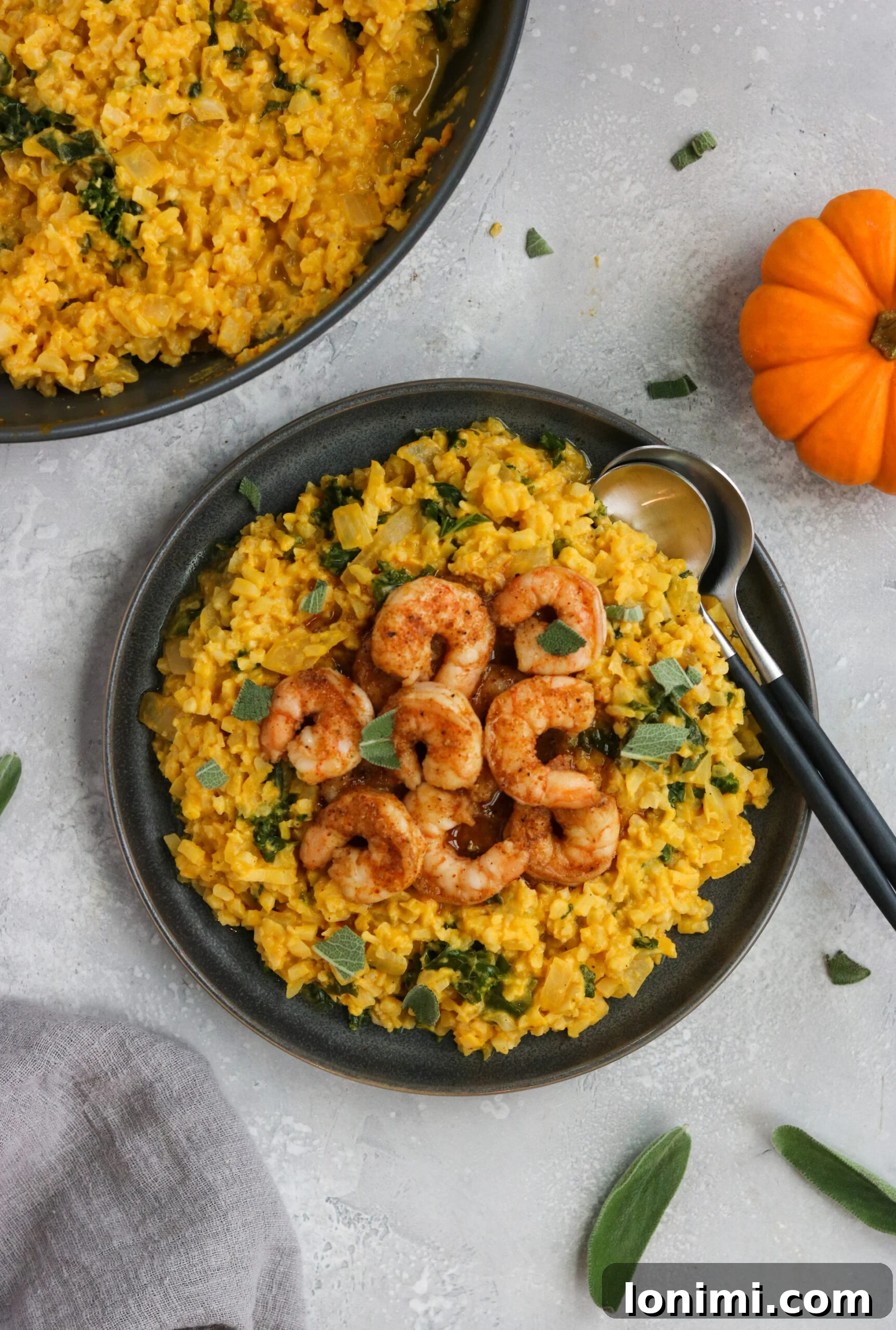 A serving of Whole30 Pumpkin Risotto, showing its vibrant color and hearty texture