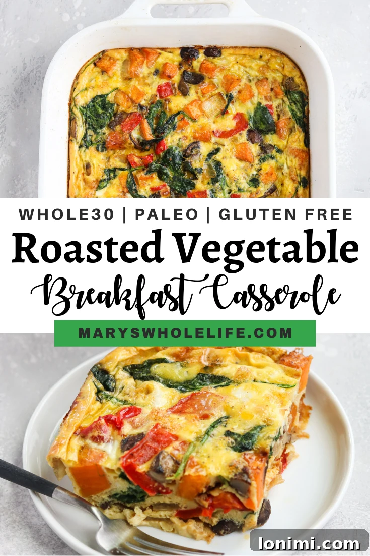 Final plated serving of Roasted Veggie Breakfast Casserole with a fork