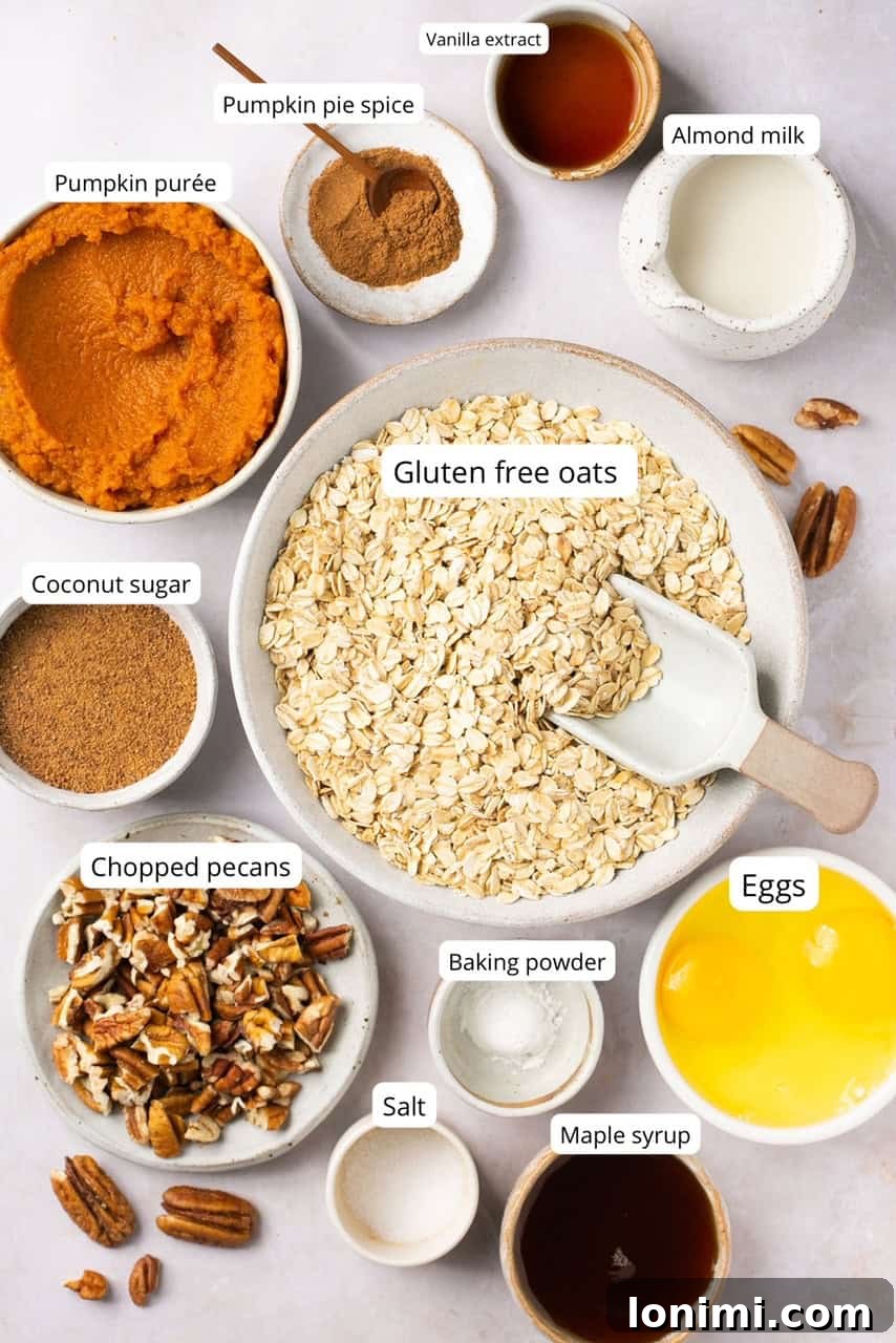 Spiced Pumpkin Oatmeal Bake 3 A flat lay photograph showcasing all the fresh, wholesome ingredients required to prepare a delicious pumpkin baked oatmeal, including oats, pumpkin puree, eggs, spices, and milk.