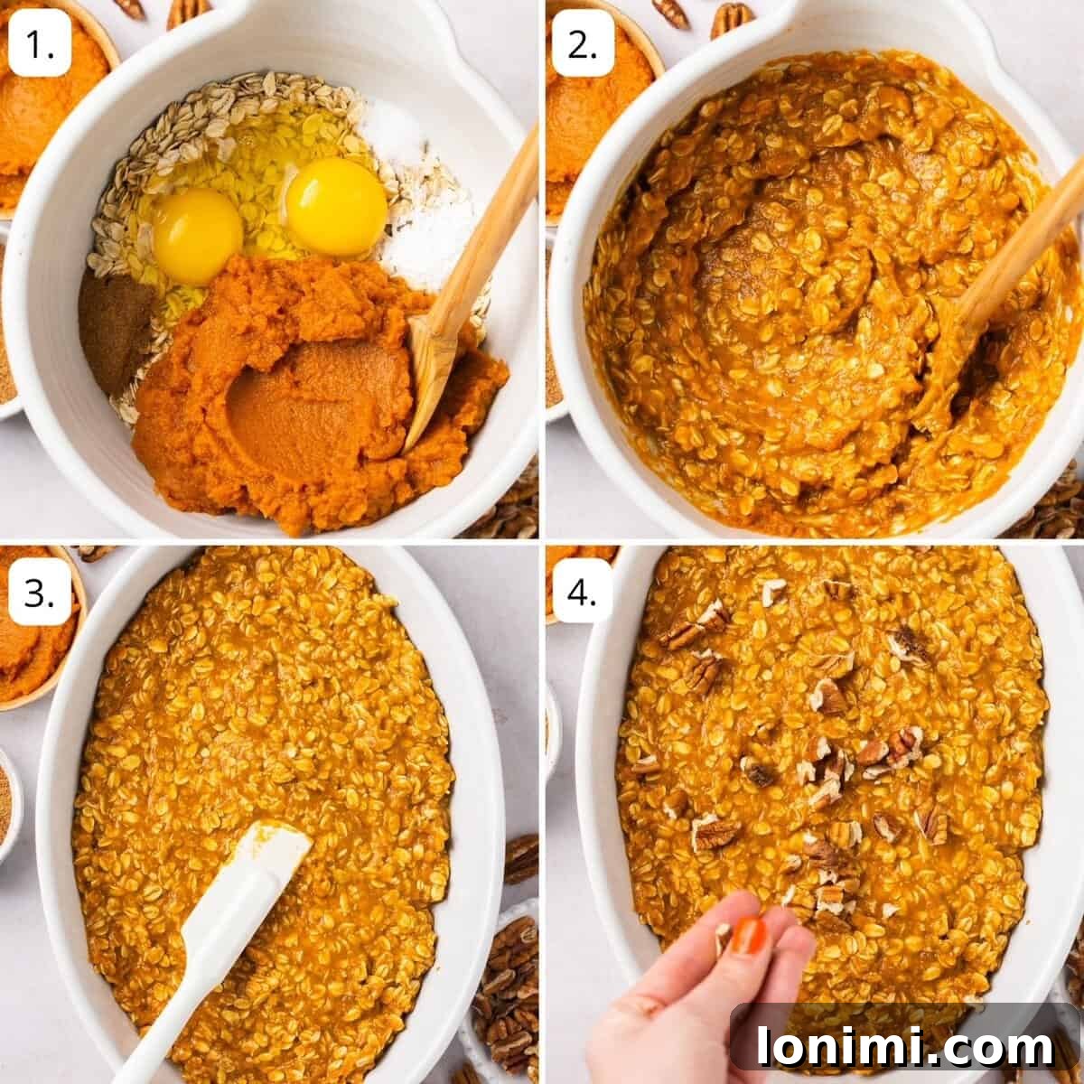 Spiced Pumpkin Oatmeal Bake 4 A visual step-by-step guide illustrating the process of mixing ingredients and preparing the pumpkin baked oatmeal for baking, showing various bowls and tools used in the kitchen.