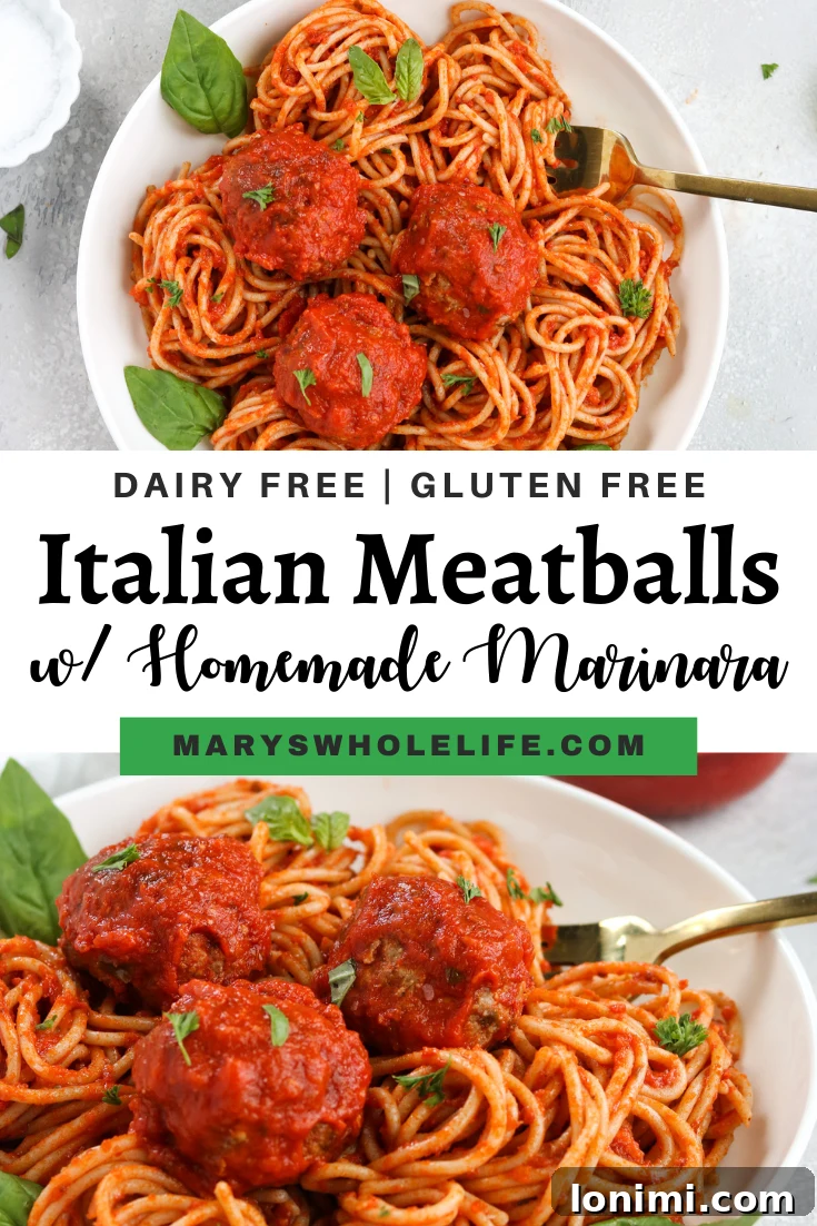 A final close-up image of a single Gluten-Free Italian Meatball with Homemade Marinara on a fork, showcasing its texture.
