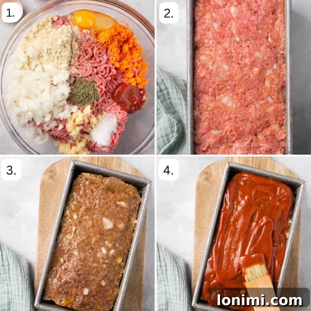 Numbered step-by-step instructions displayed, detailing the process of preparing the meatloaf mixture.