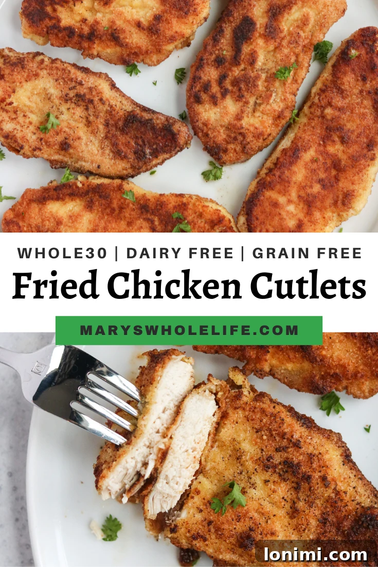 An appetizing overhead view of several Whole30 Fried Chicken Cutlets arranged on a white serving platter.