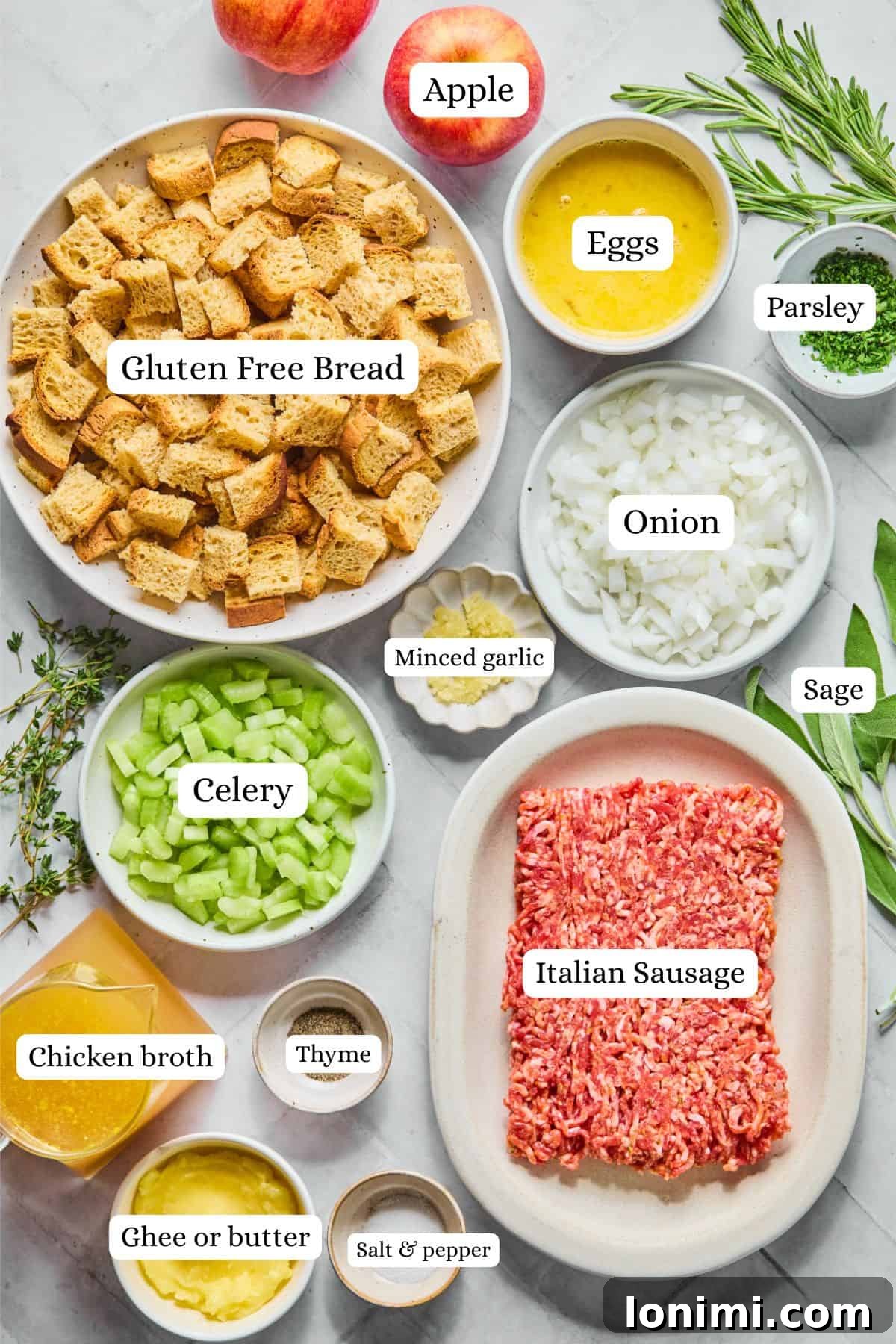 ingredients for sausage apple stuffing in nesting bowls