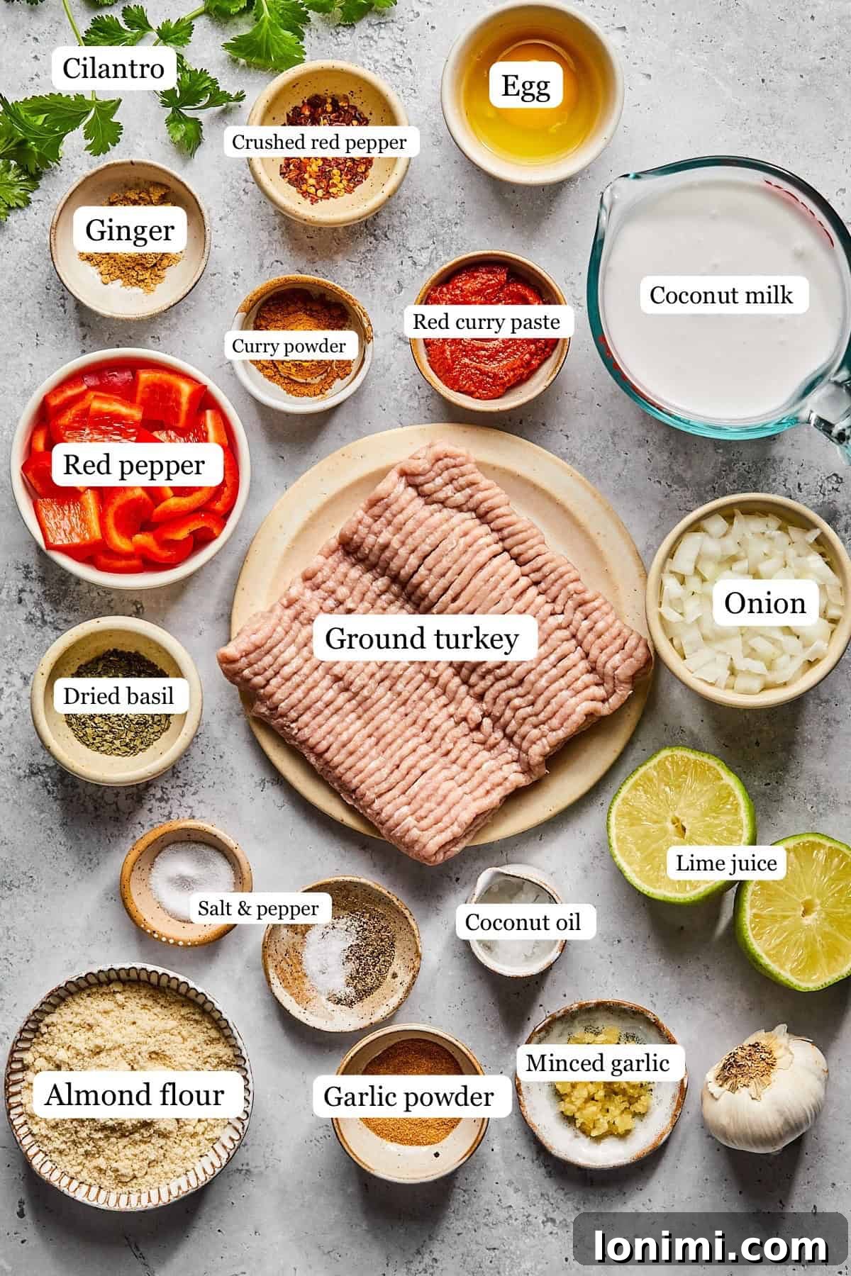 recipe ingredients in small bowls and labeled 