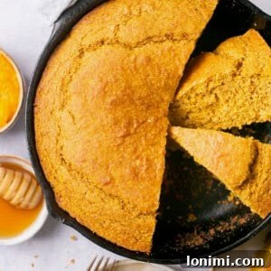Sweet potato cornbread in a cast iron pan, sliced and ready to serve.