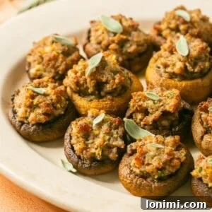 Sausage stuffed mushrooms on a platter, garnished with fresh sage.