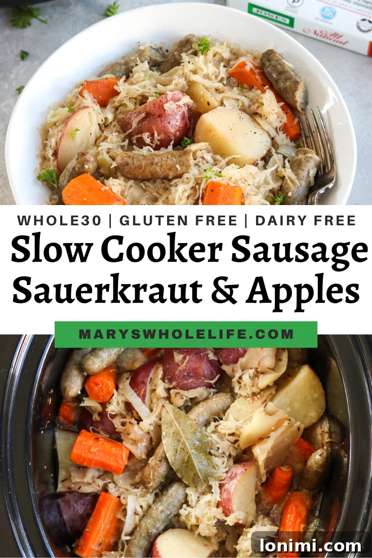 Slow Cooker Sweet and Savory Sausage with Apples and Sauerkraut 8 A final close-up of the Slow Cooker Sausage, Sauerkraut, and Apples in a bowl, ready to eat.