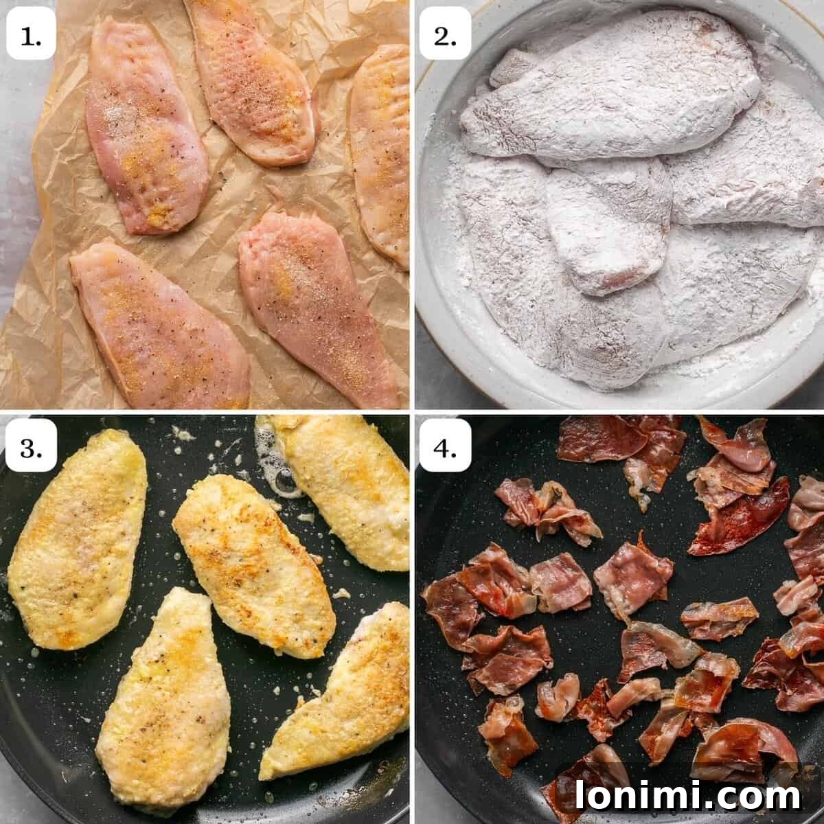 the first four steps for making gluten free chicken marsala