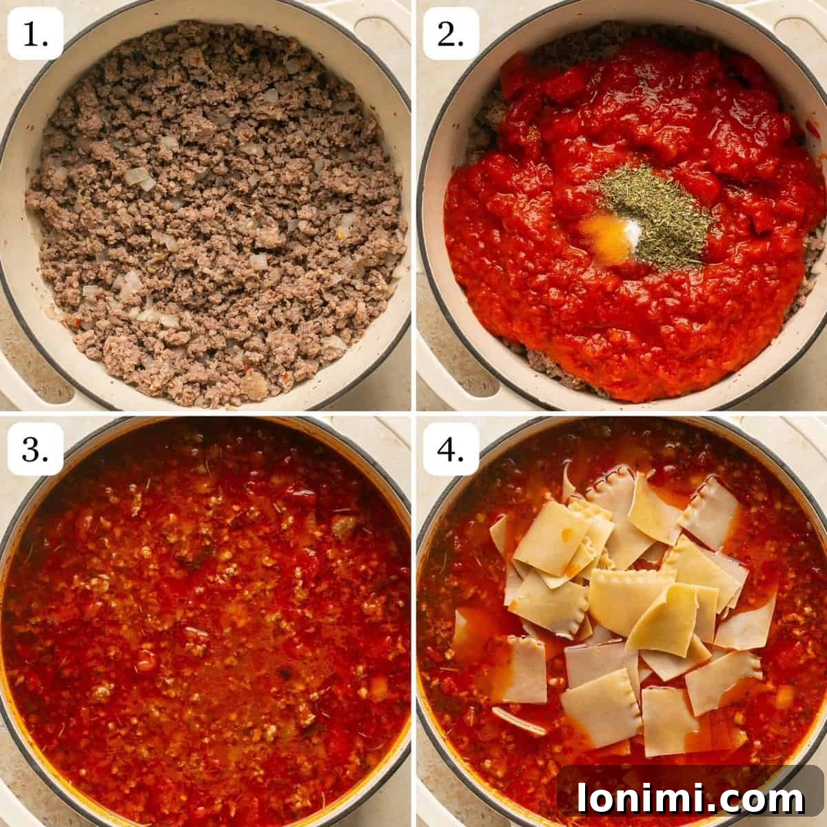 Numbered step-by-step photos illustrating the cooking process for this lasagna soup recipe.