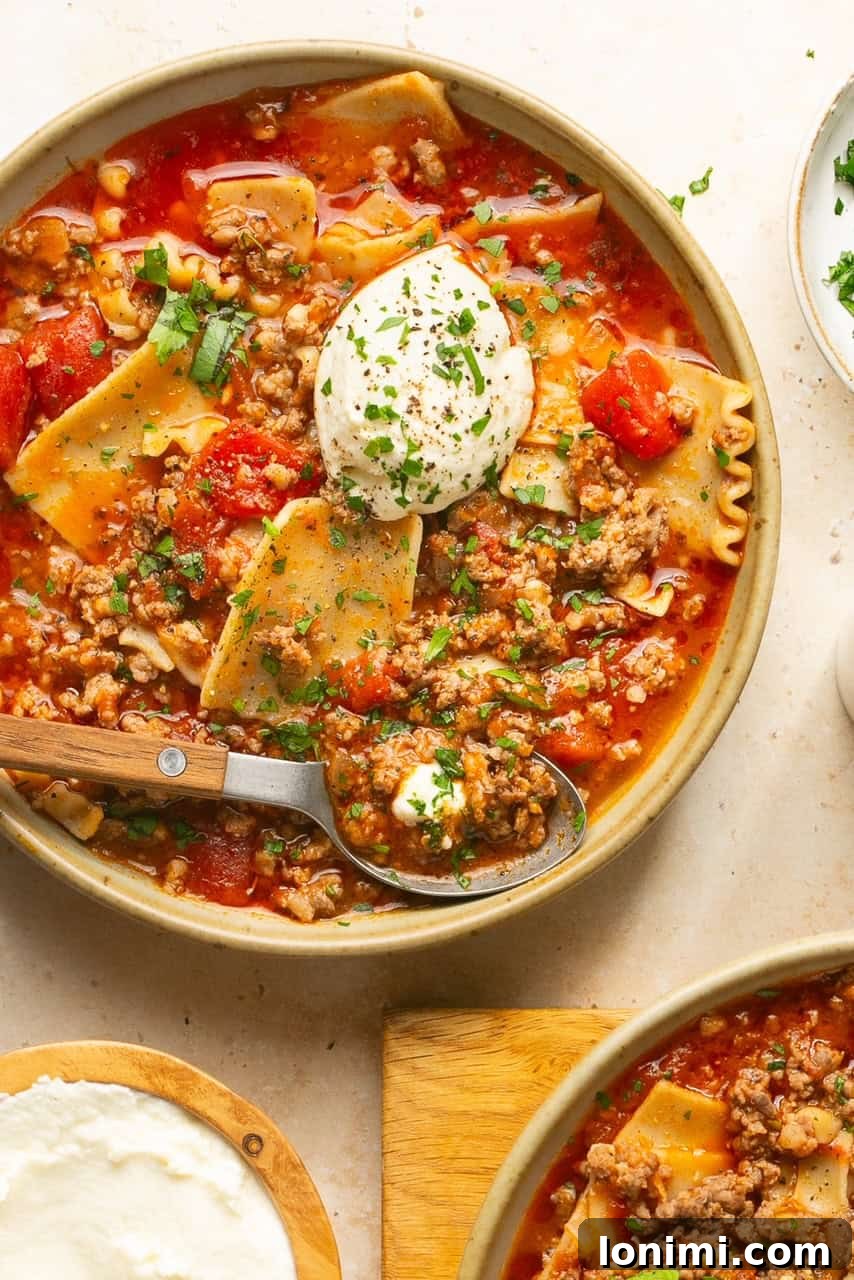 An inviting overhead shot of a large pot filled to the brim with homemade lasagna soup.