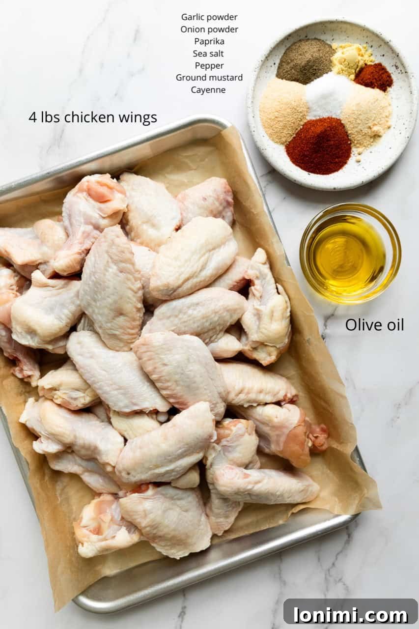 Assortment of dry rub spices and chicken wings, ready for preparation.