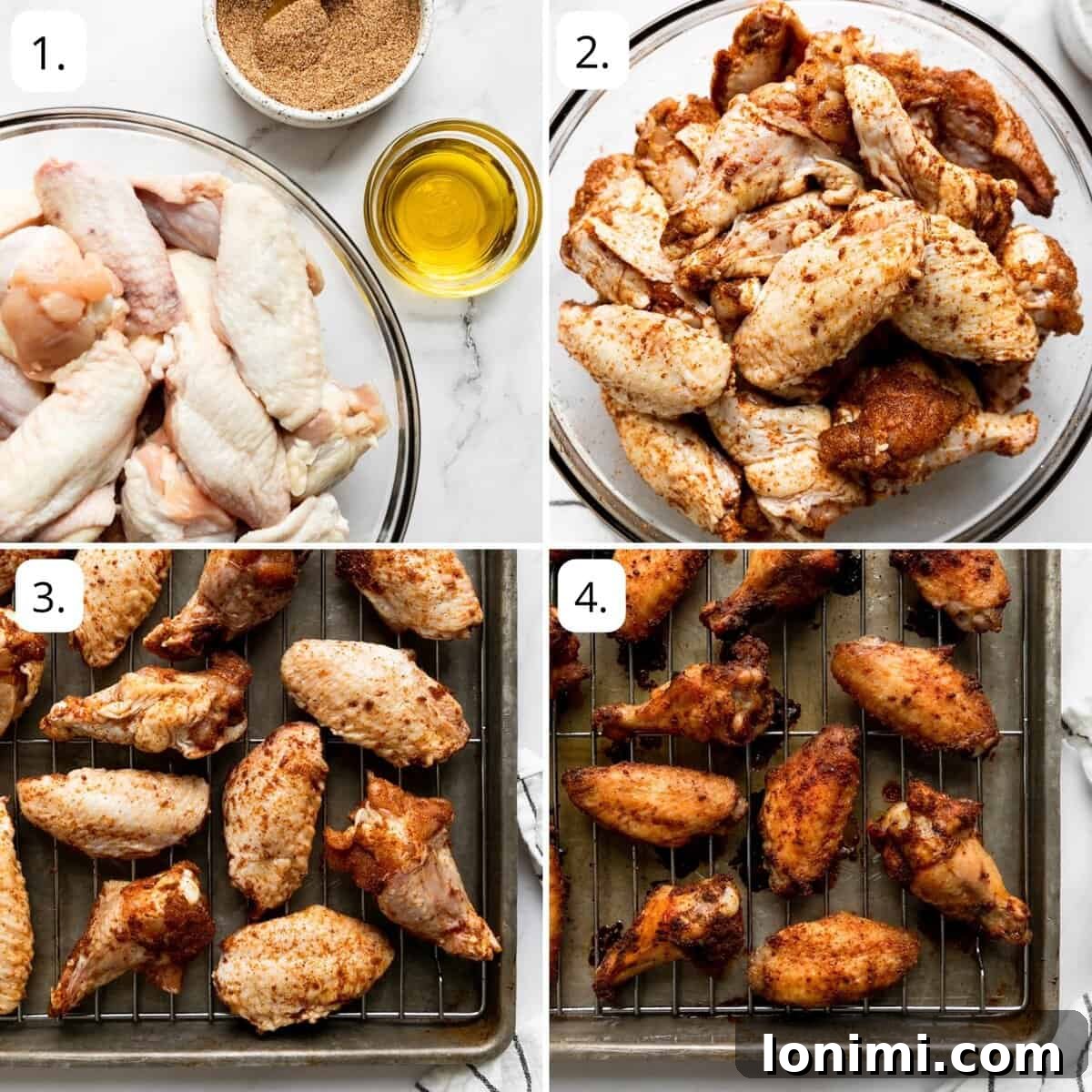 Detailed steps for preparing and baking crispy dry rub chicken wings.