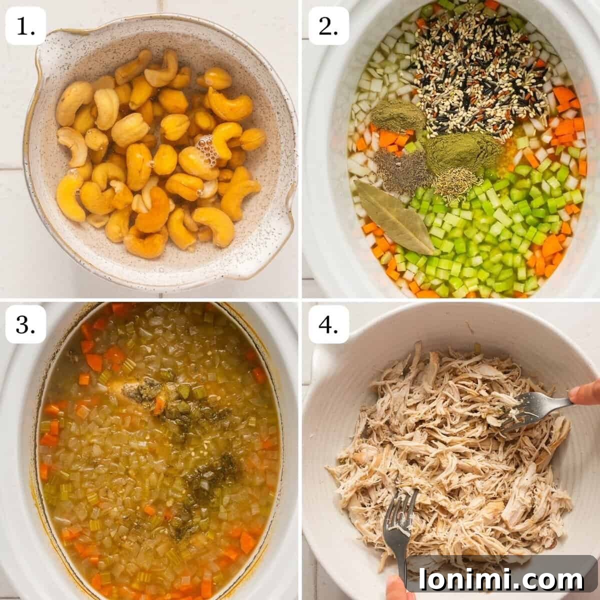 Your Favorite Panera Chicken and Wild Rice Soup Made Gluten Free 4 A visual guide showing three initial steps of preparing the creamy chicken and wild rice soup in a slow cooker, including adding ingredients.