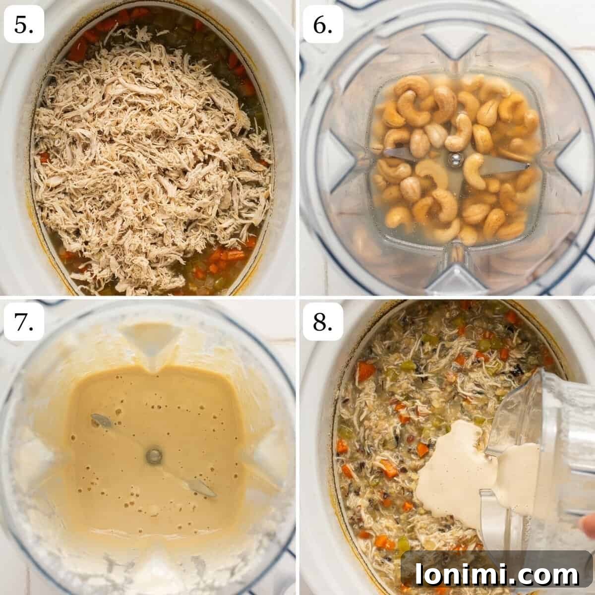 Your Favorite Panera Chicken and Wild Rice Soup Made Gluten Free 5 A visual guide showing the final four steps of preparing the creamy chicken and wild rice soup, including shredding chicken, blending cashew cream, and adding it to the soup.
