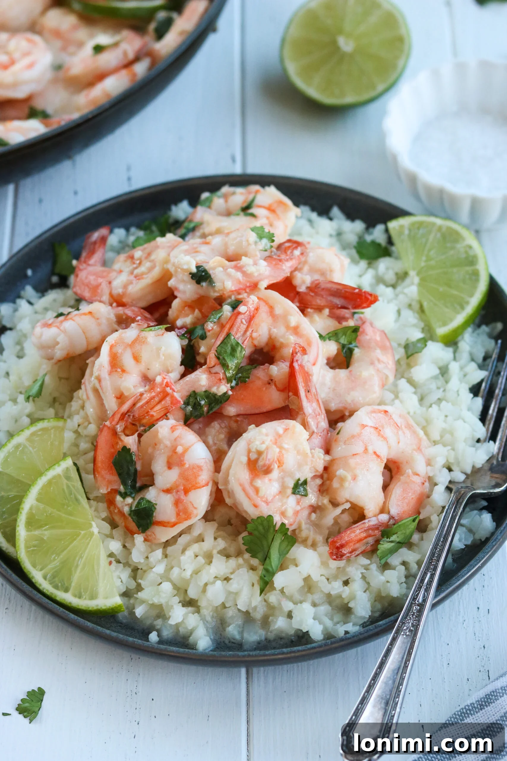 Zesty Whole30 Coconut Lime Shrimp 5 Overhead shot of the finished Whole30 Coconut Lime Shrimp dish, garnished with fresh herbs and lime wedges, ready to eat.