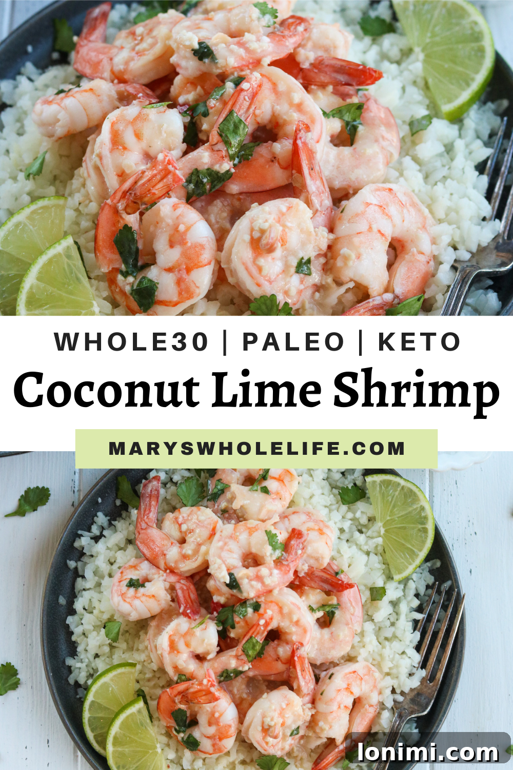 Zesty Whole30 Coconut Lime Shrimp 7 Pinterest graphic for Whole30 Coconut Lime Shrimp recipe