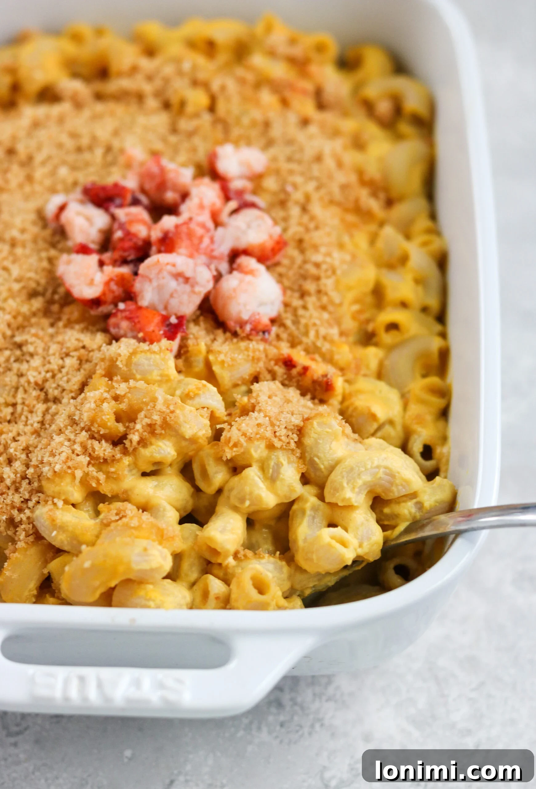 Velvet Lobster Butternut Mac 2 Creamy Dairy-Free Lobster Butternut Squash Mac and Cheese served in a baking dish
