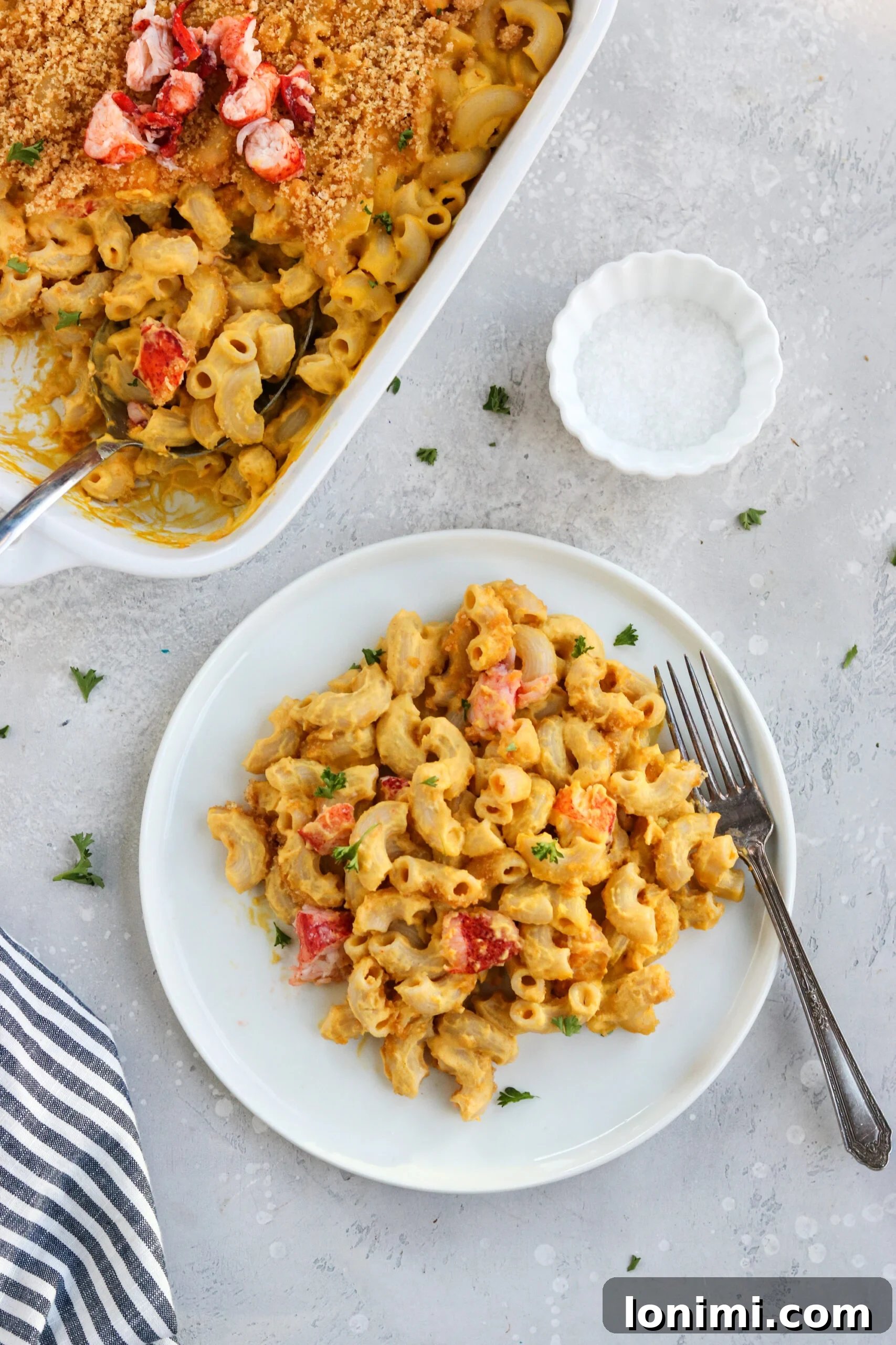Velvet Lobster Butternut Mac 5 Serving of Dairy-Free Lobster Butternut Squash Mac and Cheese from a baking dish