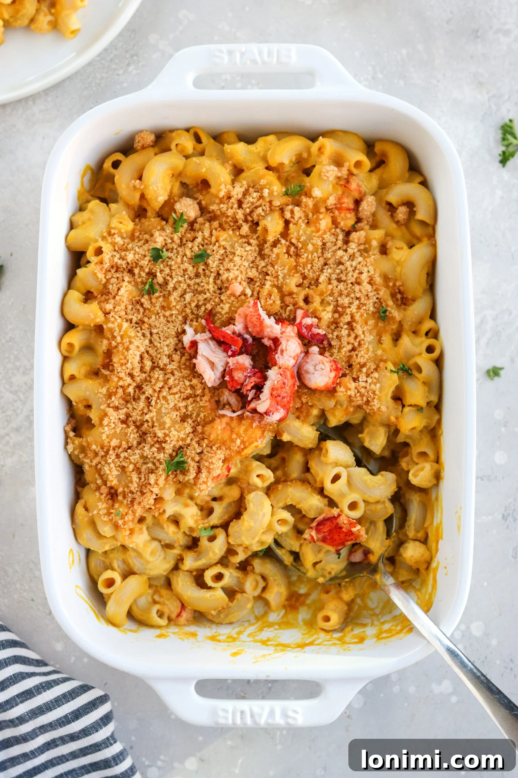 Velvet Lobster Butternut Mac 6 Plated Dairy-Free Lobster Butternut Squash Mac and Cheese, garnished