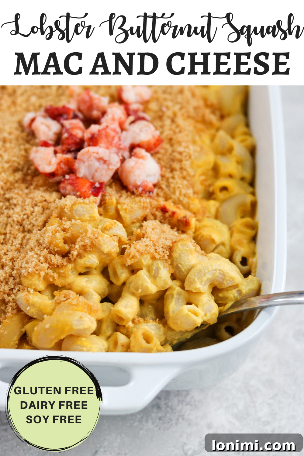 Velvet Lobster Butternut Mac 7 Beautifully plated portion of Dairy-Free Lobster Butternut Squash Mac and Cheese
