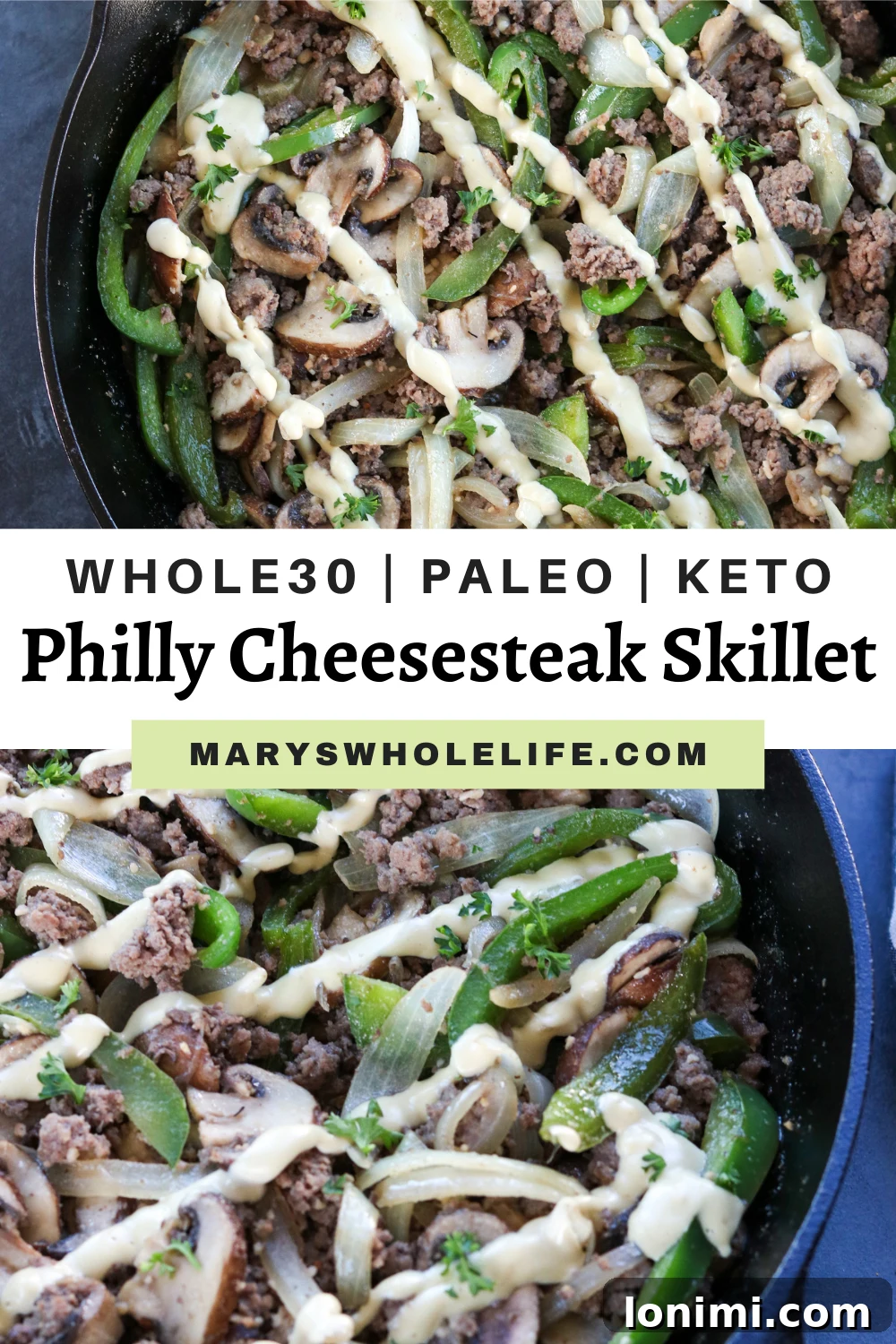 Final plated Whole30 Philly Cheesesteak Skillet, ready for enjoyment, showcasing a perfectly portioned serving.