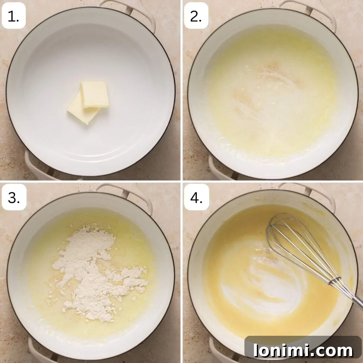 No-Fuss Gluten-Free Oven-Baked Mac and Cheese Perfection 4 The first four steps for making gluten free mac and cheese, showing ingredients and initial cooking stages.