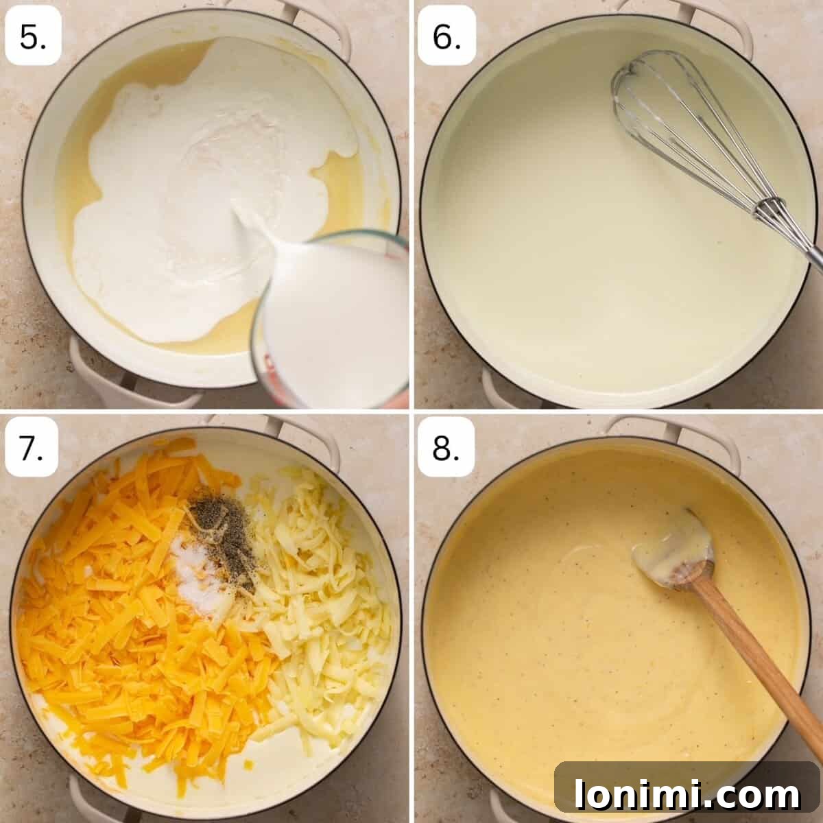 No-Fuss Gluten-Free Oven-Baked Mac and Cheese Perfection 5 Steps 5-8 for making gluten free mac and cheese in the oven, illustrating the sauce preparation and combining with pasta.