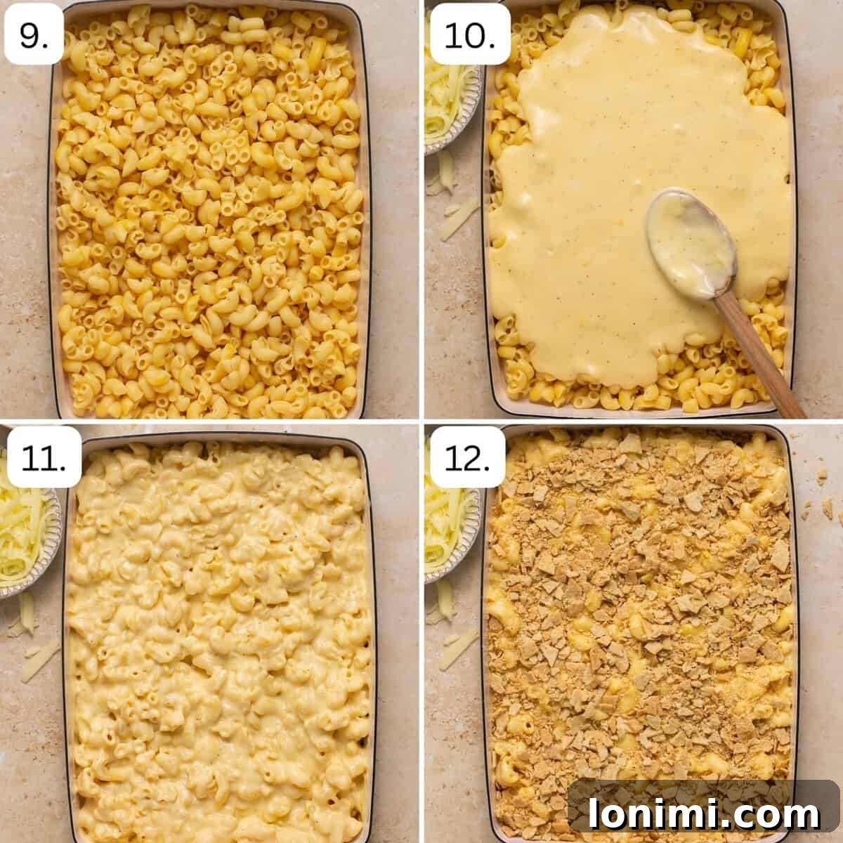 No-Fuss Gluten-Free Oven-Baked Mac and Cheese Perfection 6 The last 4 steps for making mac and cheese in the oven, including topping and baking.