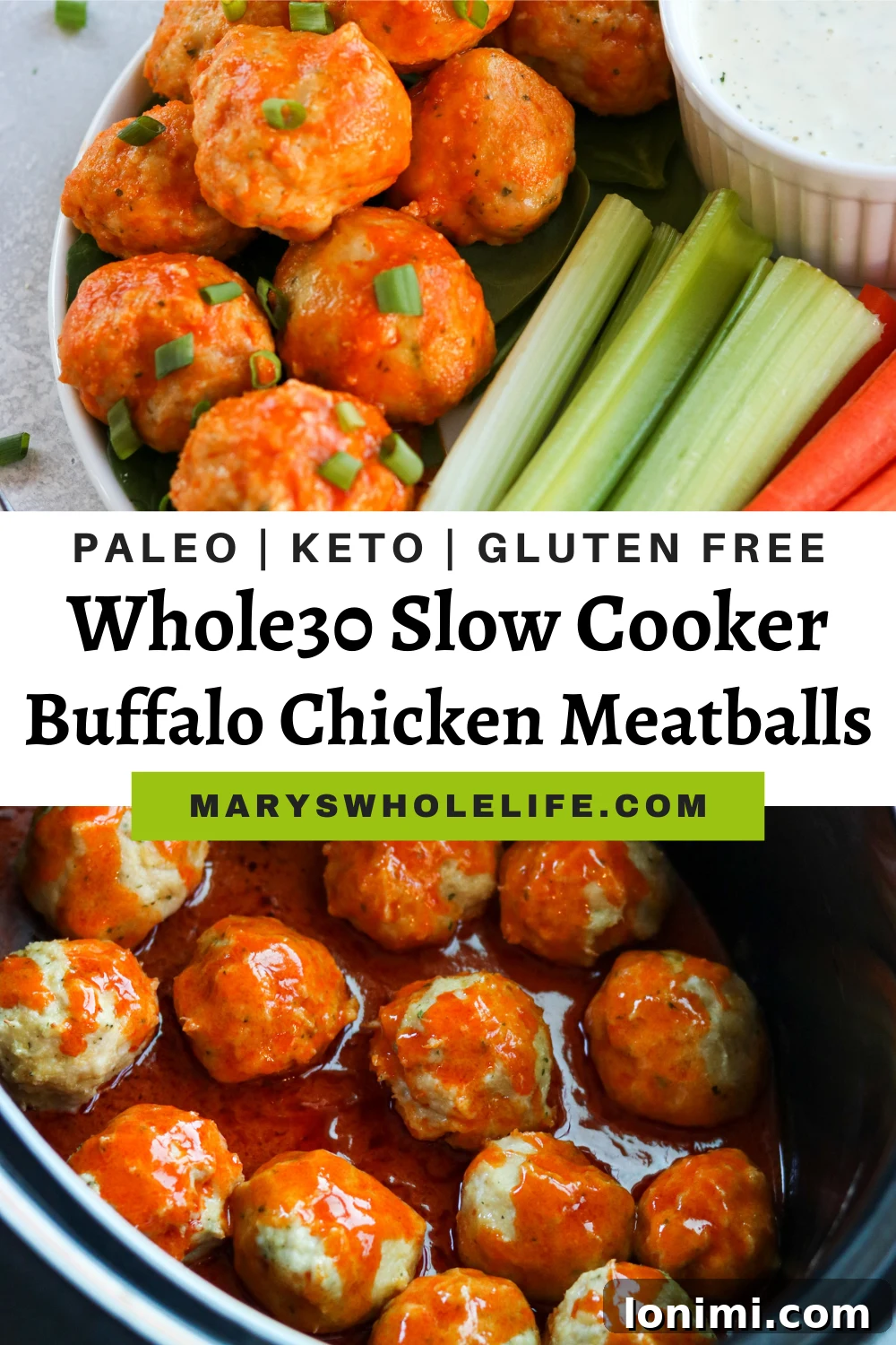 Promotional image for Whole30 Slow Cooker Buffalo Chicken Meatballs, encouraging sharing and tagging on social media