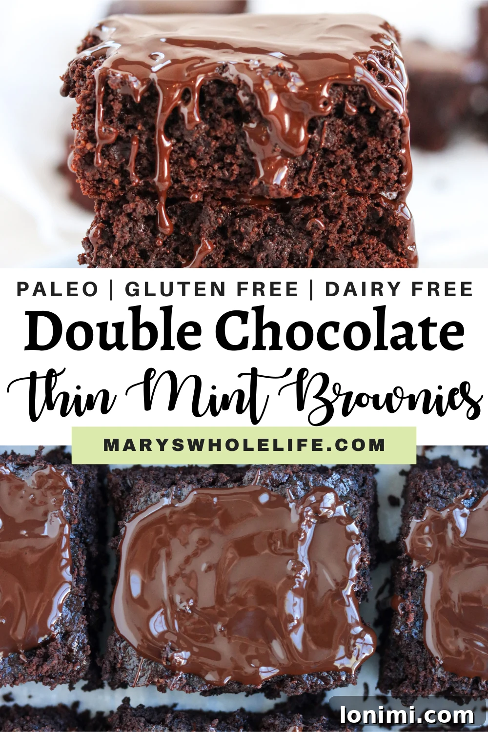 A beautifully composed shot of three Paleo Double Chocolate Thin Mint Brownies arranged artfully on a light background, highlighting their rich color and inviting texture.