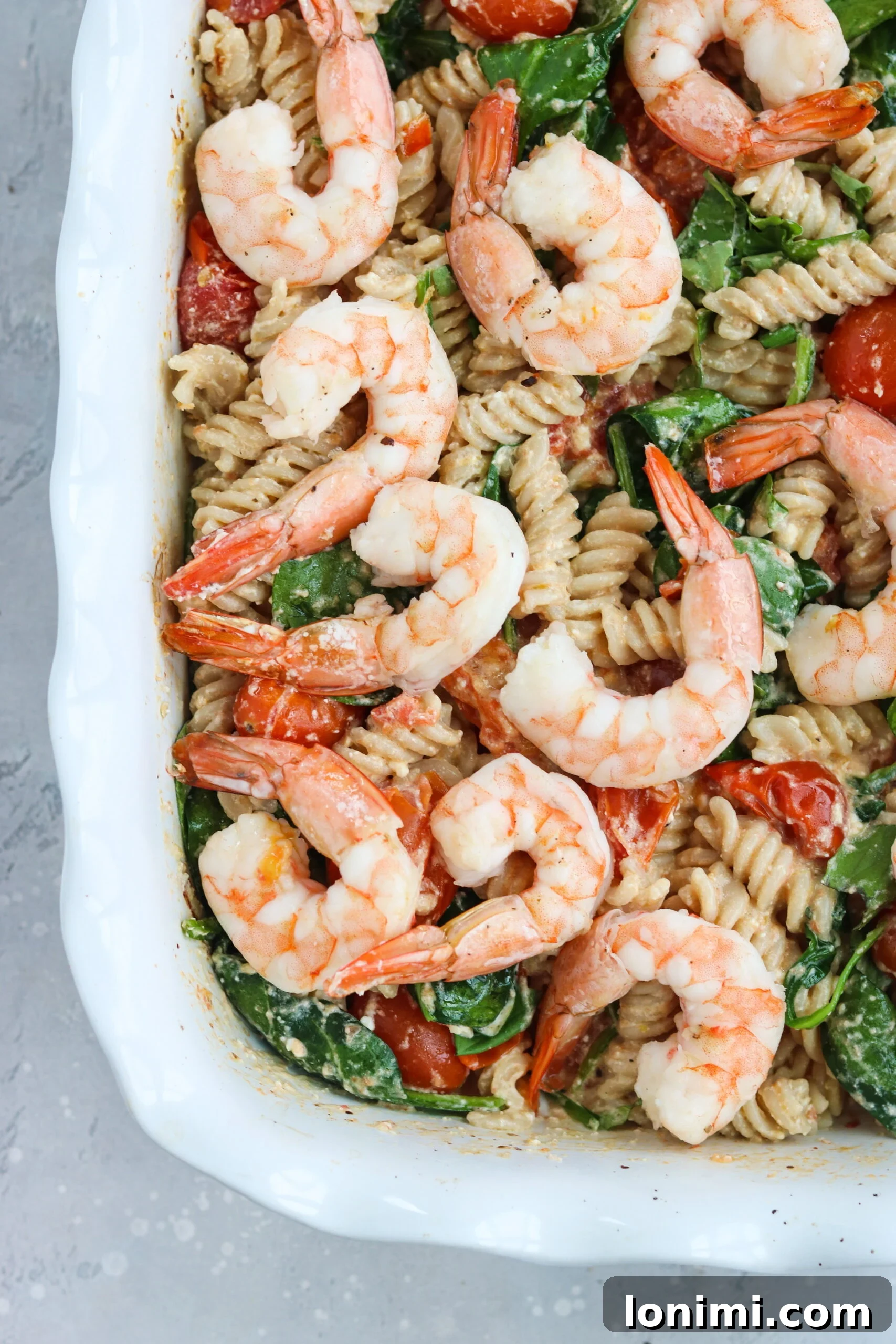 Delicious Gluten Free Baked Feta Pasta with Shrimp, ready to serve