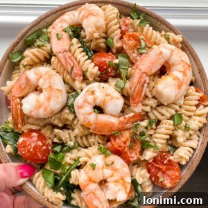 Gluten Free Roasted Feta Pasta with Shrimp in a bowl