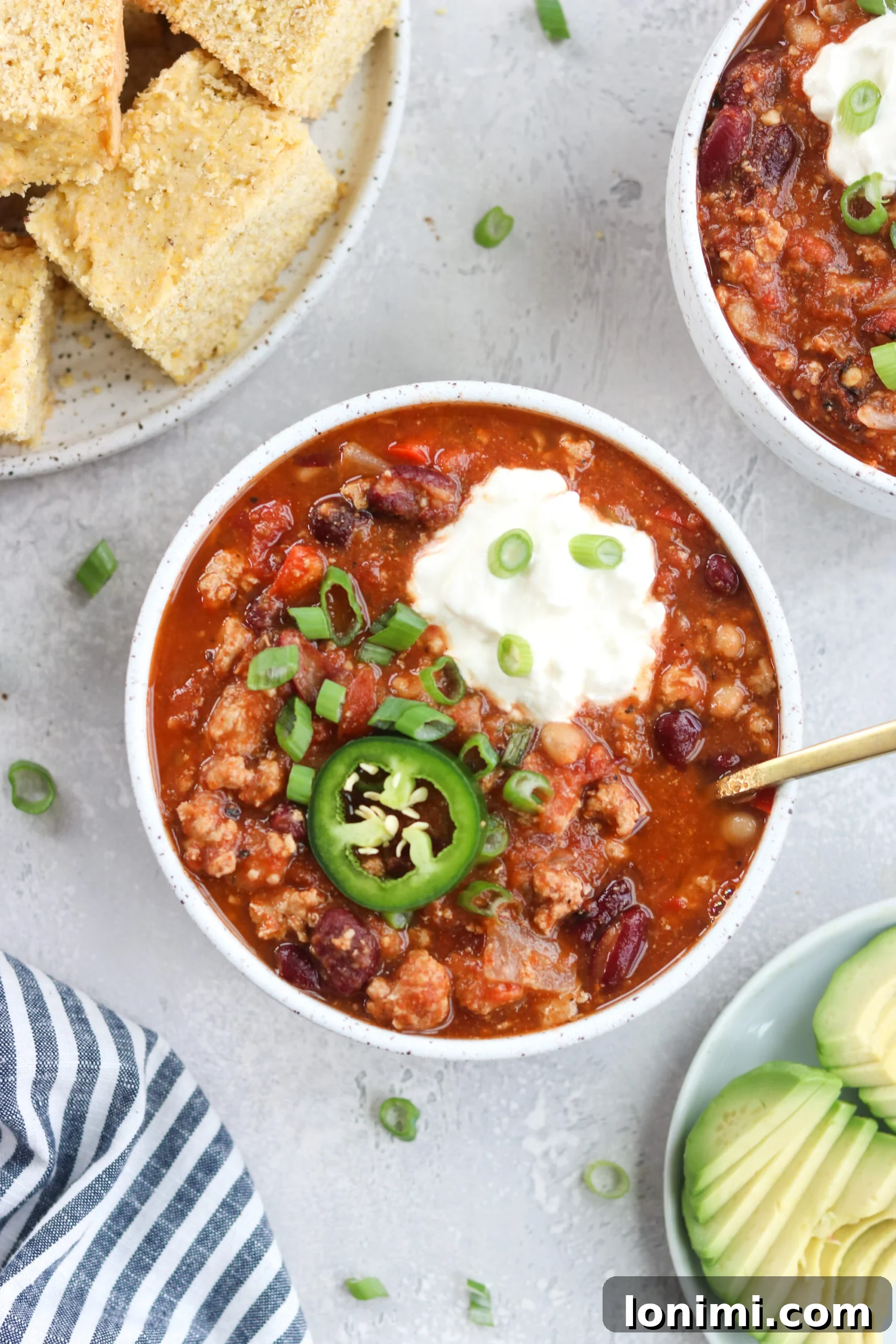 top view of Slow Cooker Turkey Chili with jalapeno