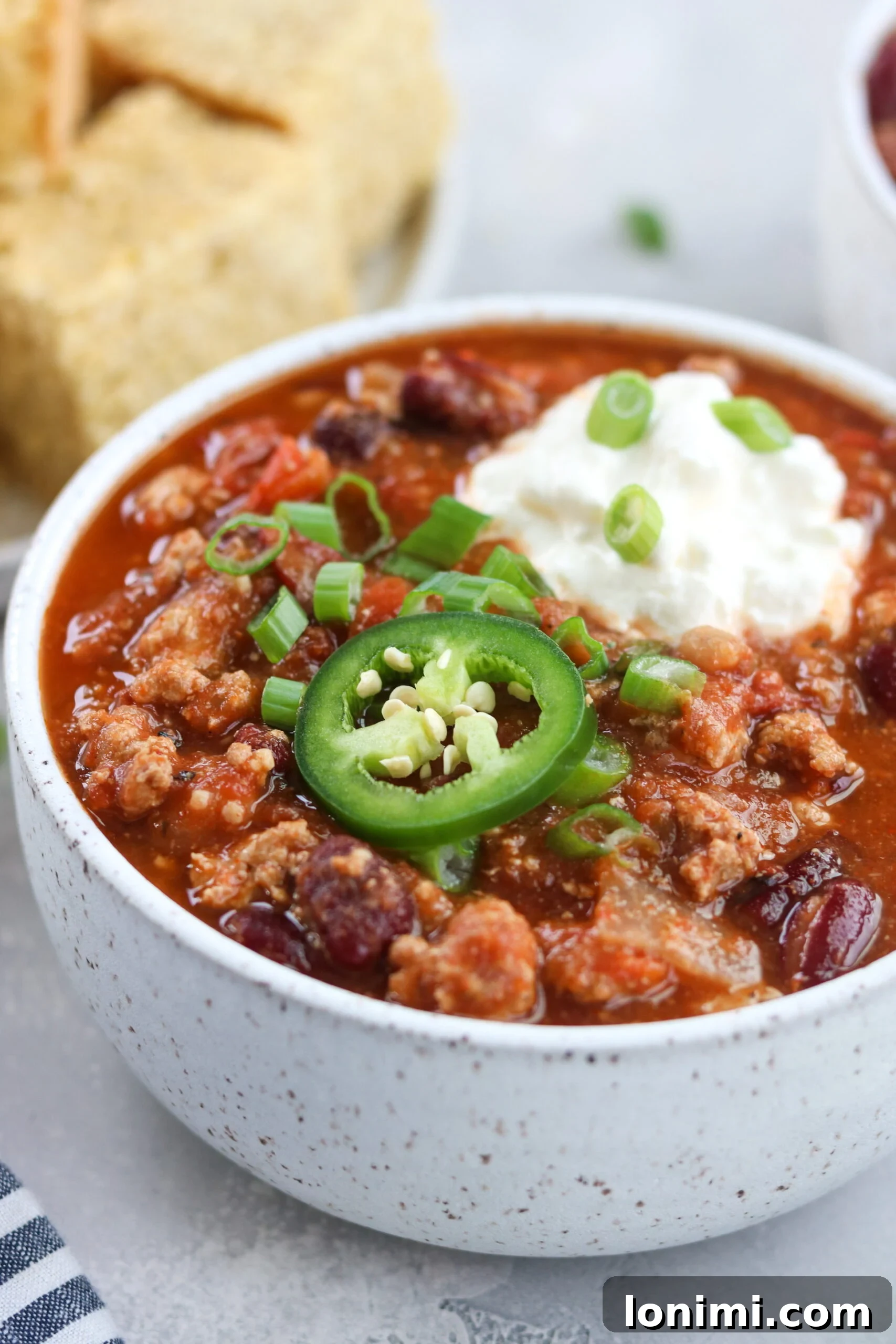 a closer look at a Slow Cooker Turkey Chili with jalapeno