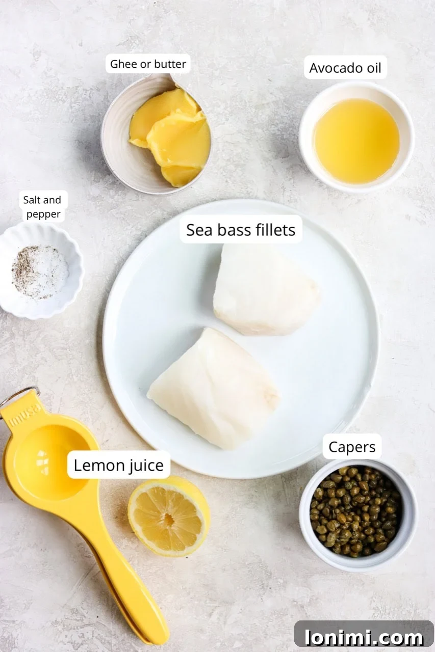 Chilean sea bass fillets on a white plate surrounded by other fresh ingredients: capers, bright lemons, various seasonings, rich butter, and healthy oil, ready for cooking.